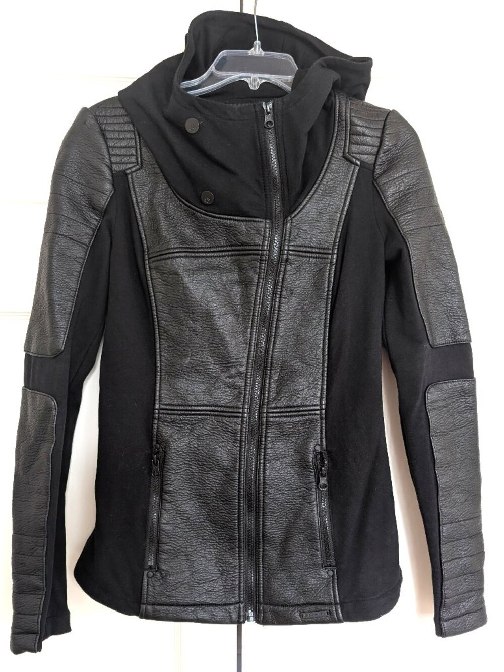 Blanc Noir Jacket Womens Small Black Faux Leather Hooded Moto Mixed Media Zip Up